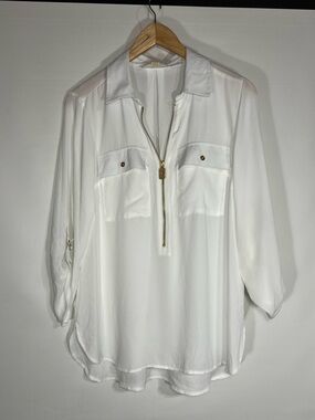 MICHAEL Michael Kors White Utility Tunic Blouse with Gold Zippers